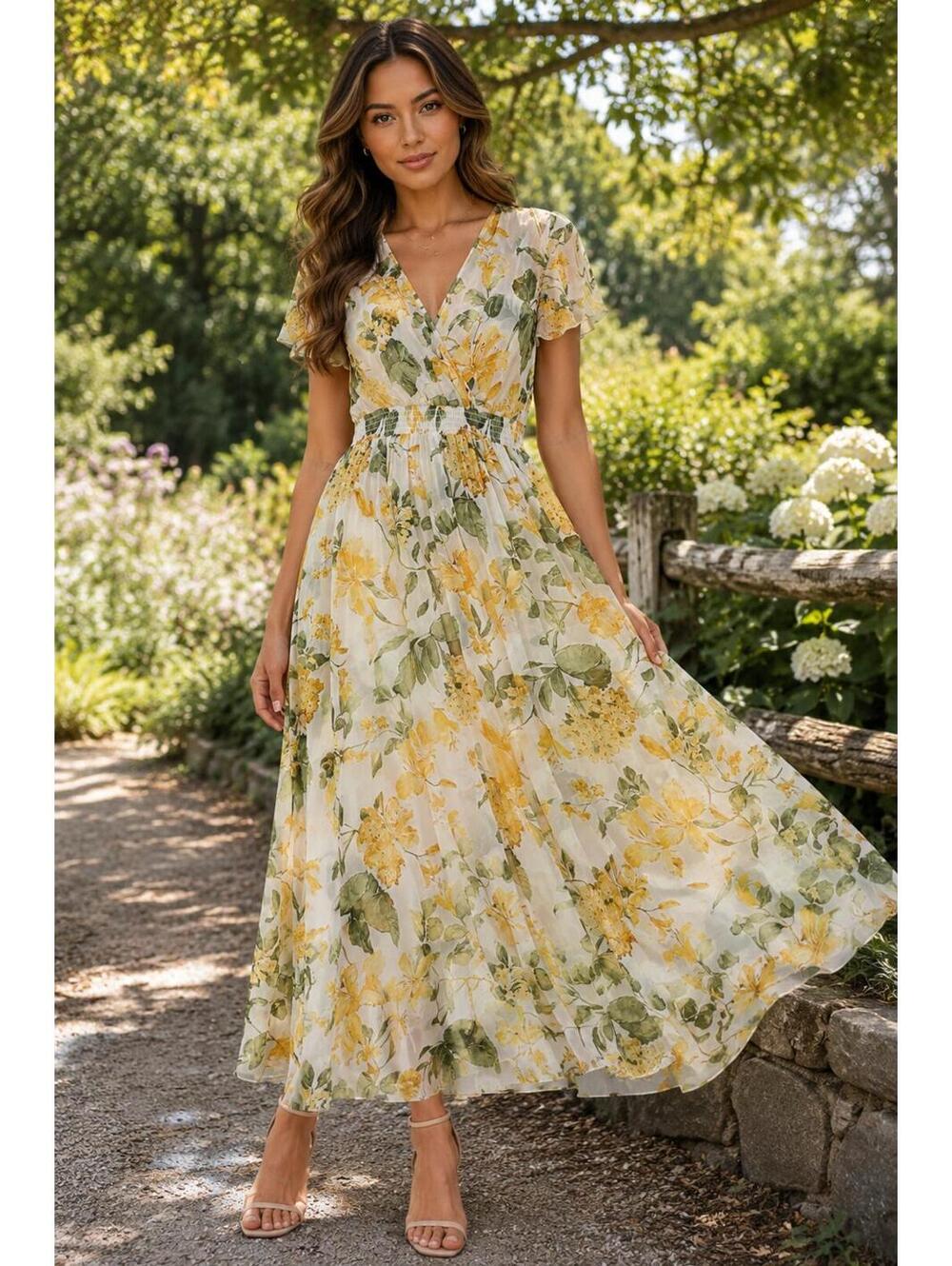 NWT Alexa B Petite Floral Maxi Dress Size 4P Yellow Green Cottagecore